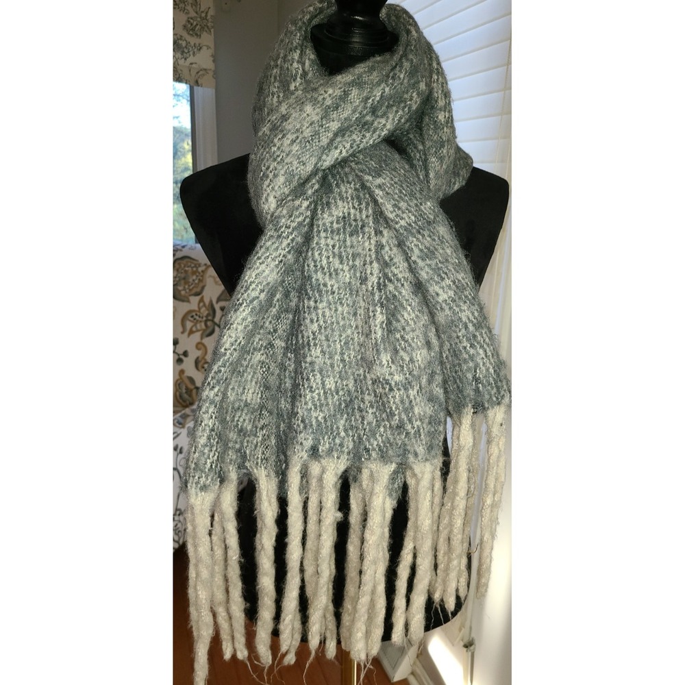 Grey Beige Fringed Sweater Scarf Blanket 75 x 18 w Fringe Soft Cozy Wool Blend